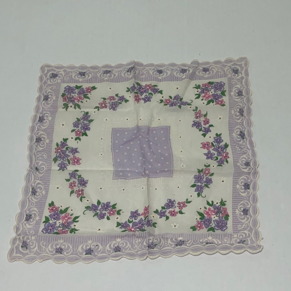 Vintage Floral Handkerchief Cream With Purple and Pink Flowers